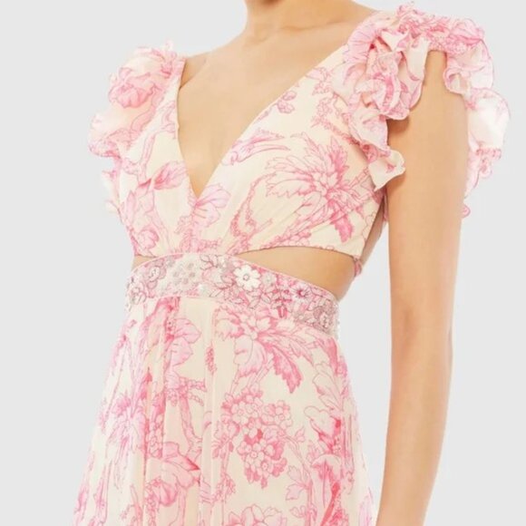 NWT MAC DUGGAL 9161PINK Floral Ruffle Shoulder Empire Waist Lace up Back sz 8 - Picture 3 of 13